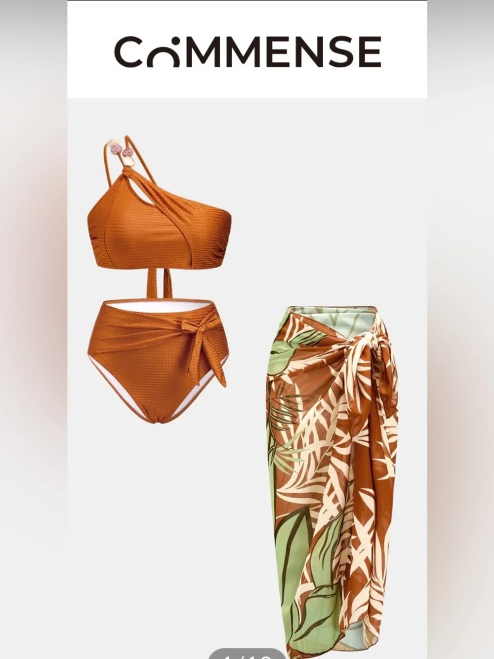 809. Rust Orange Bikini Set with Tropical Leaf Sarong